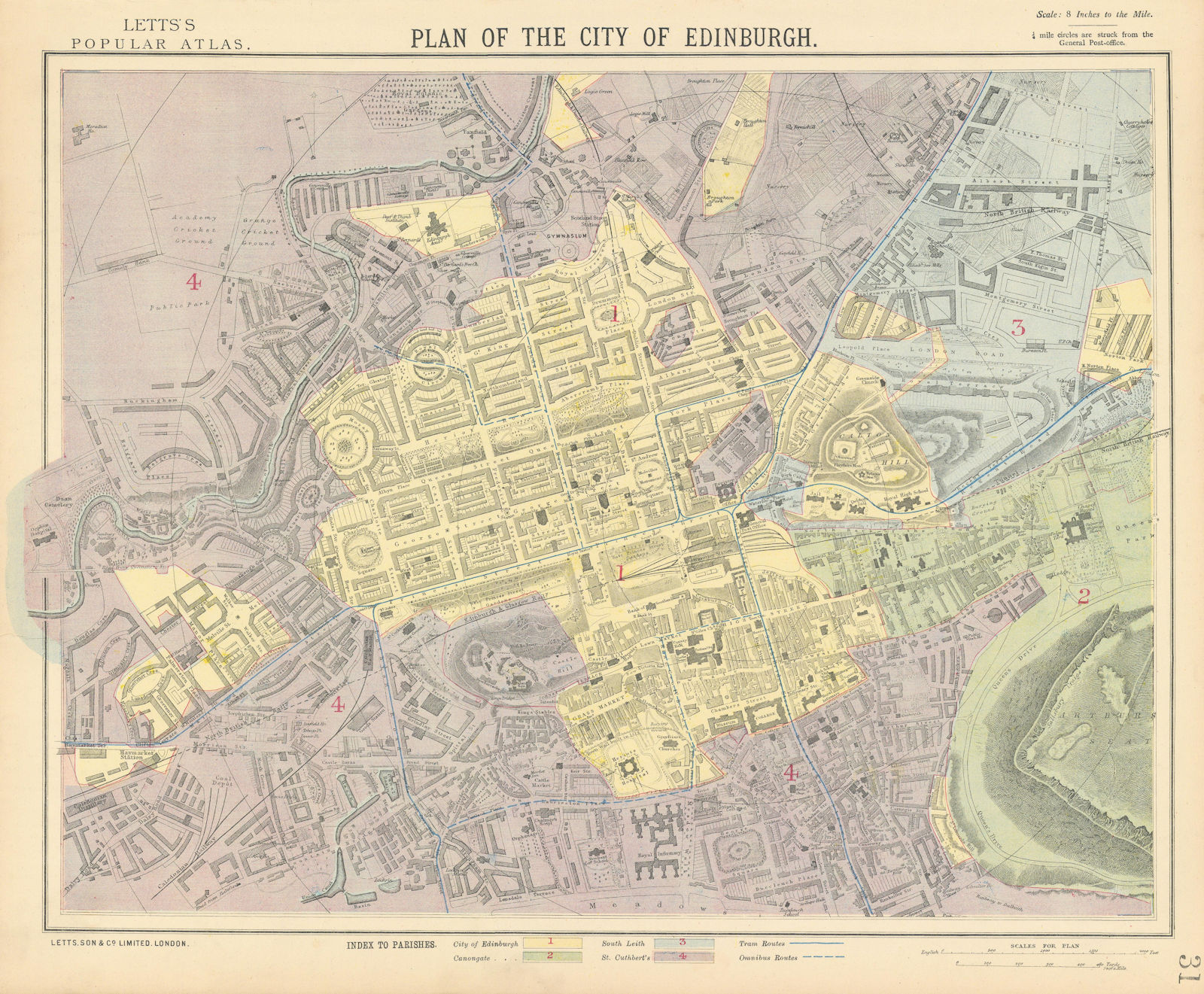 EDINBURGH antique town city map plan showing parishes. LETTS 1883 old