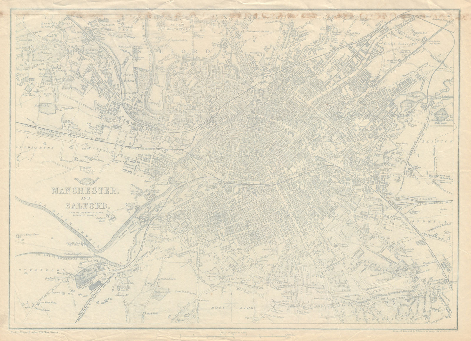 Associate Product MANCHESTER & SALFORD. Large town/city plan by BR DAVIES.Dispatch Atlas 1863 map