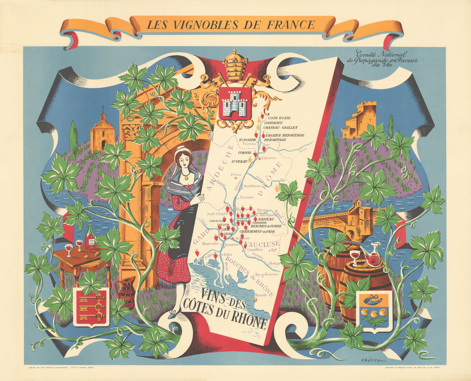 Associate Product RHONE WINE MAP Vignobles de France. Vins des Côtes du Rhône. HETREAU 1954