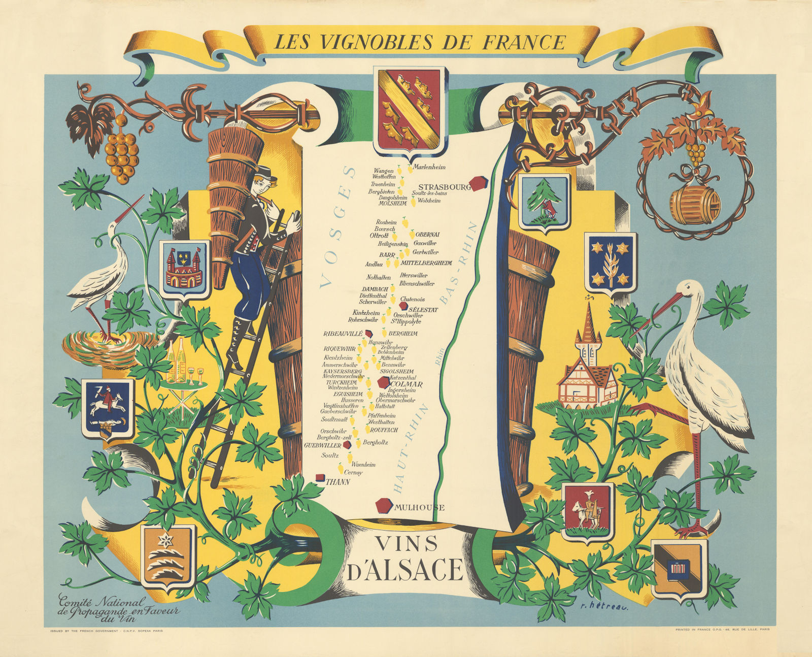 ALSACE WINE MAP Vignobles de France. Vins d'Alsace. Rémy Hétreau HETREAU 1954