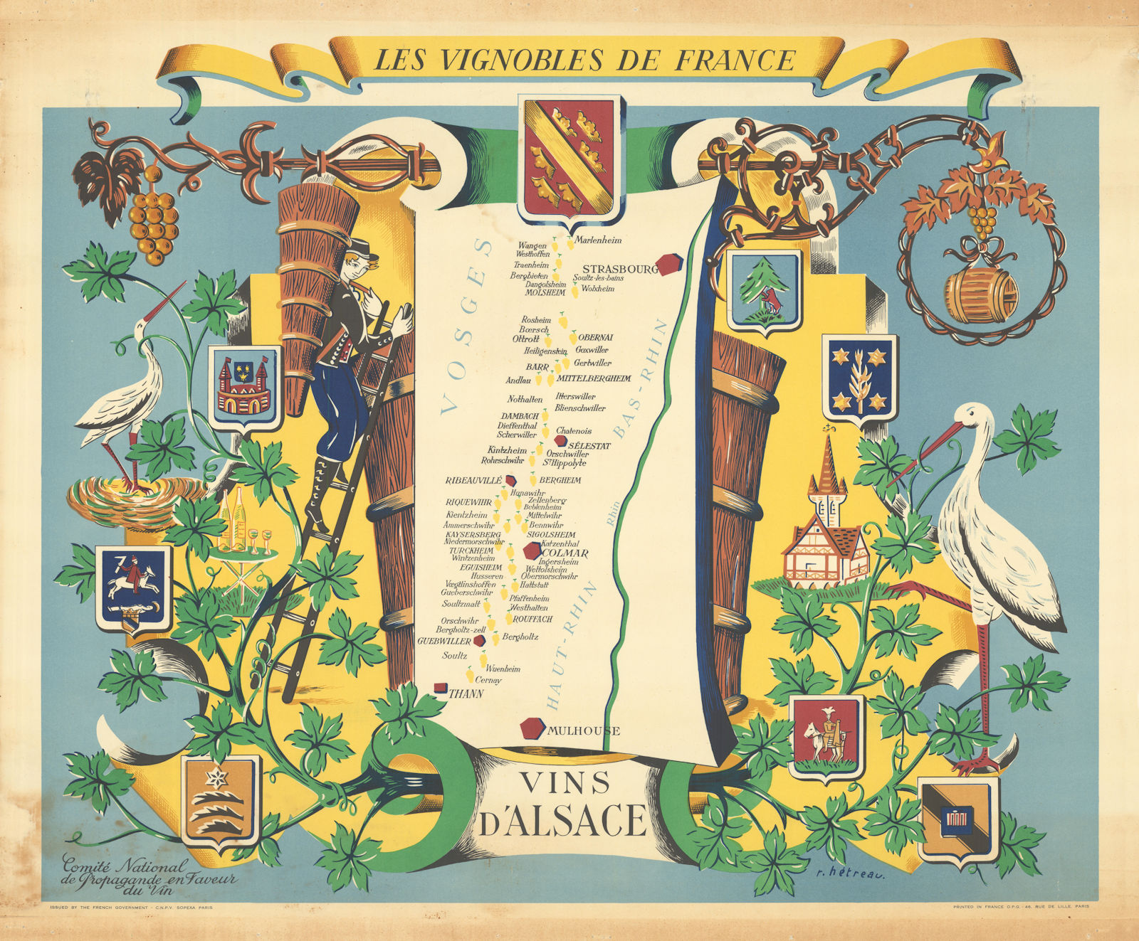 ALSACE WINE MAP Vignobles de France. Vins d'Alsace. Rémy Hétreau HETREAU 1954