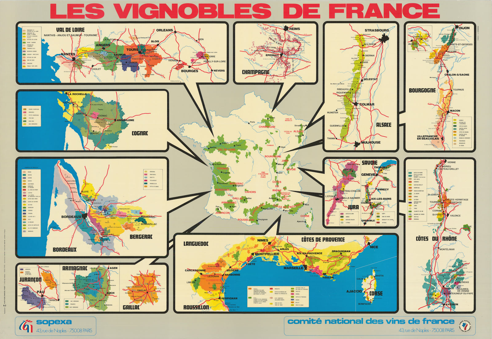 Vignobles de France. French wine regions poster map. SOPEXA/CNVF/Coindeau 1970s