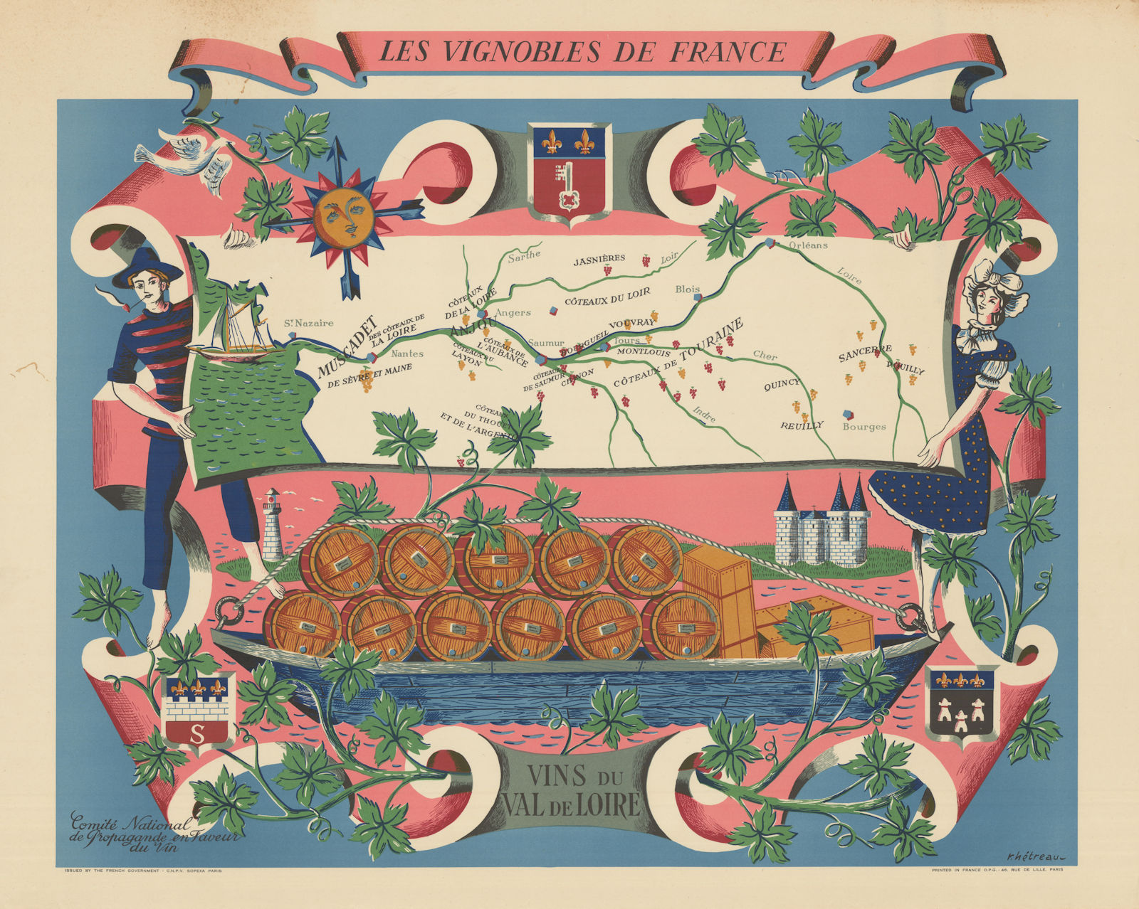 LOIRE WINE MAP Vignobles de France. Vins du Val de Loire. Rémy HETREAU 1954