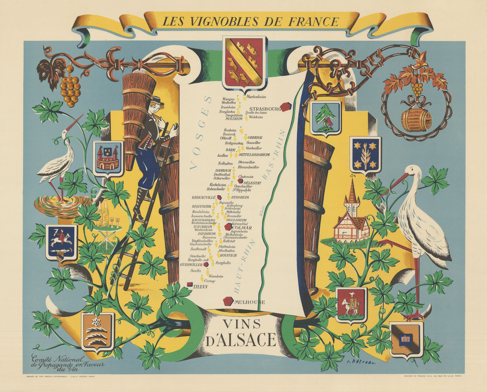 Associate Product ALSACE WINE MAP Vignobles de France. Vins d'Alsace. Rémy Hétreau HETREAU 1954