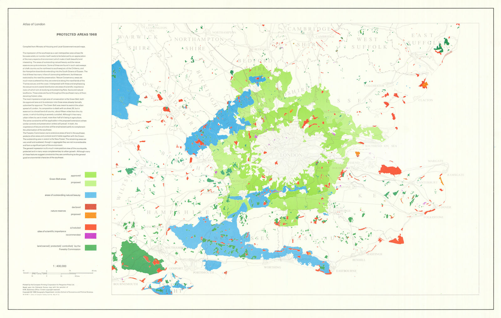 London - Protected areas. Green belt. AONBs. Nature reserves 1968 old map