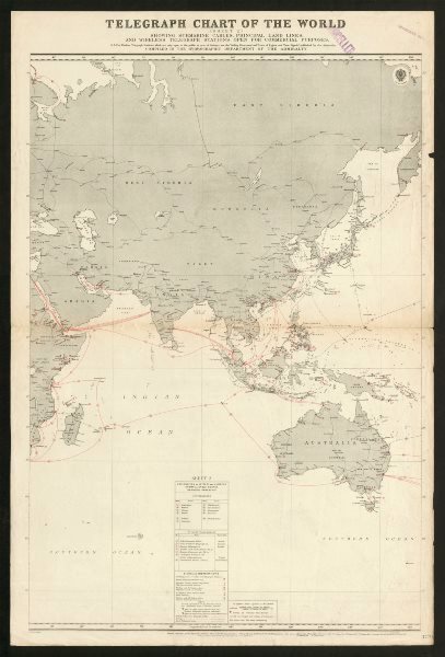 Asia telegraph cable routes. Undersea Overland. Admiralty sea chart 1922 map