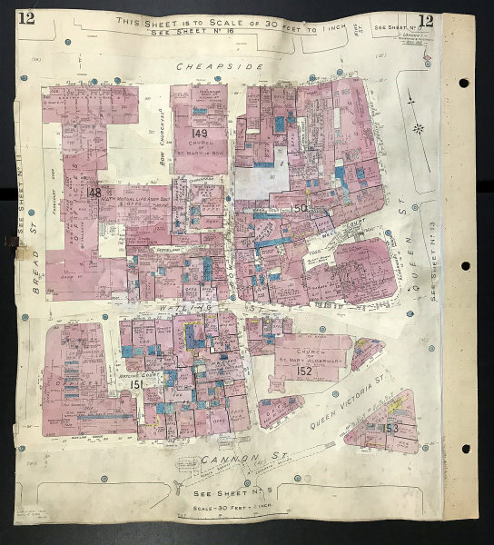 London EC4M Watling Street Cheapside Queen St Bow Lane Churchyard GOAD 1942 map