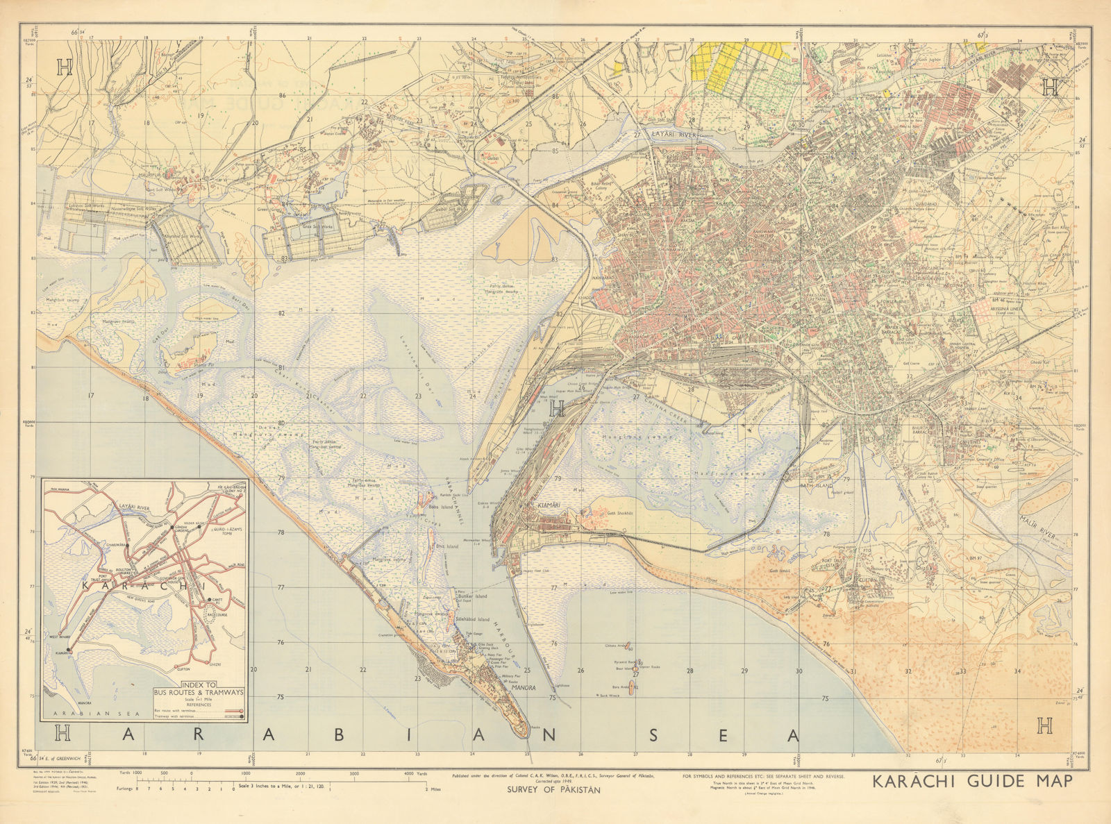 Karachi Town city plan. Survey of Pakistan 1951 old vintage map chart