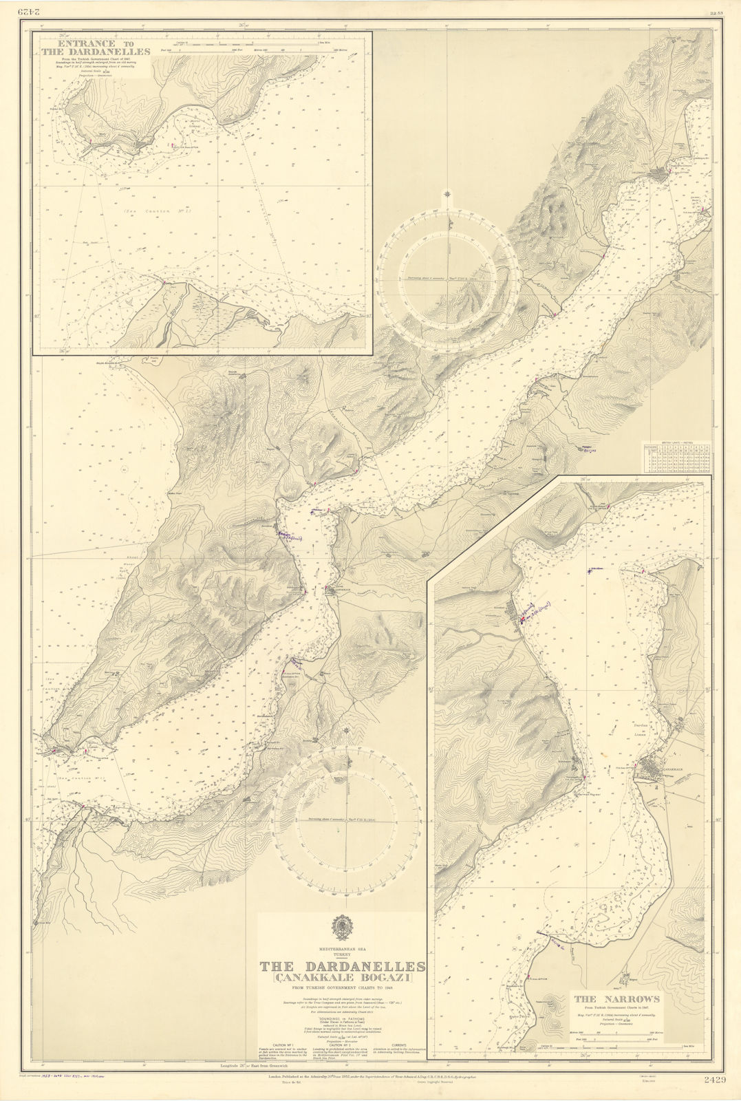 Dardanelles/Canakkale Bogazi. Narrows Turkey ADMIRALTY sea chart 1952 (1954) map