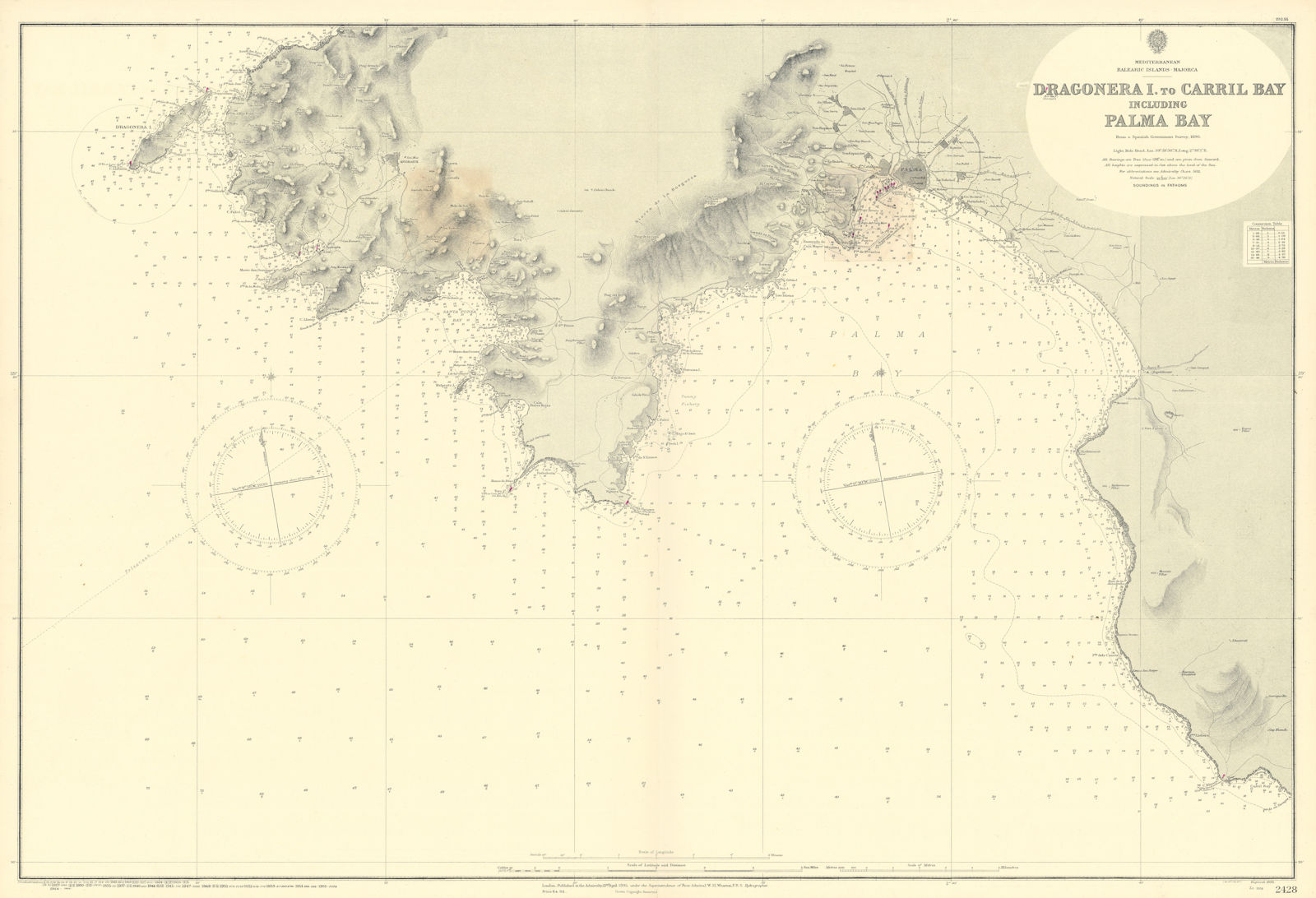 Majorca Mallorca SW coast. Palma Bay. ADMIRALTY sea chart 1895 (1956) old map