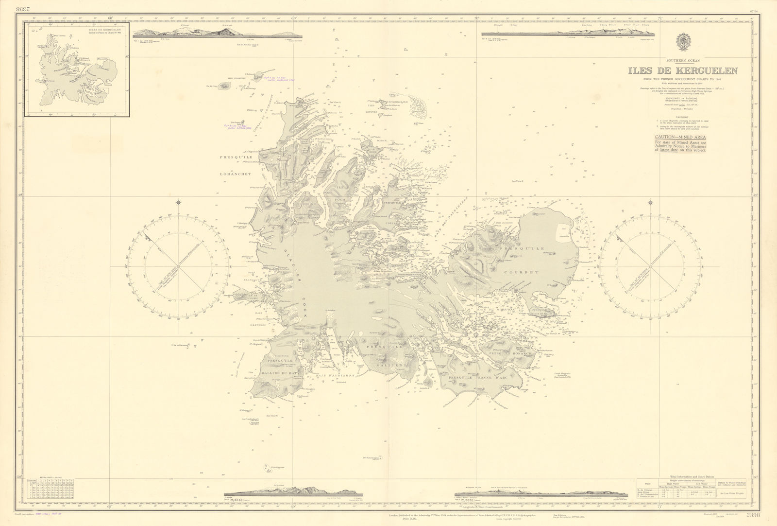 Kerguelen Islands Indian Ocean Sub-Antarctic ADMIRALTY sea chart 1951 (1957) map