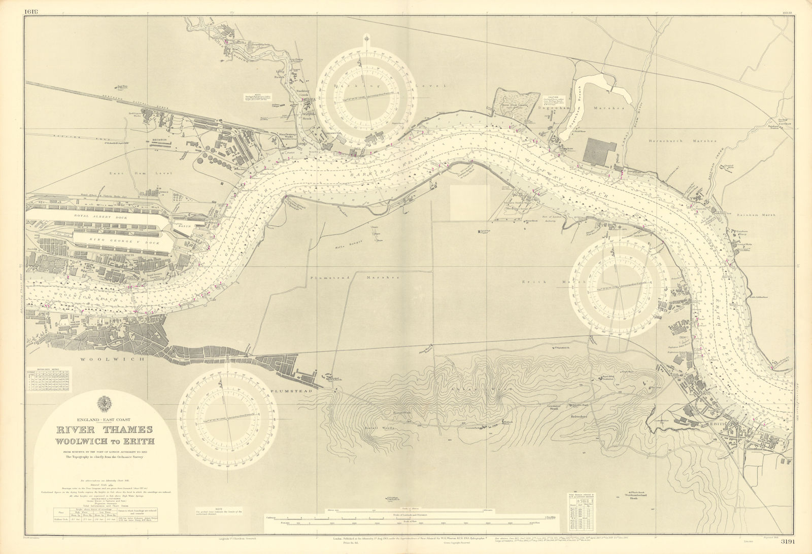 Thames Woolwich-Erith Royal Docks London ADMIRALTY sea chart 1901 (1953) map