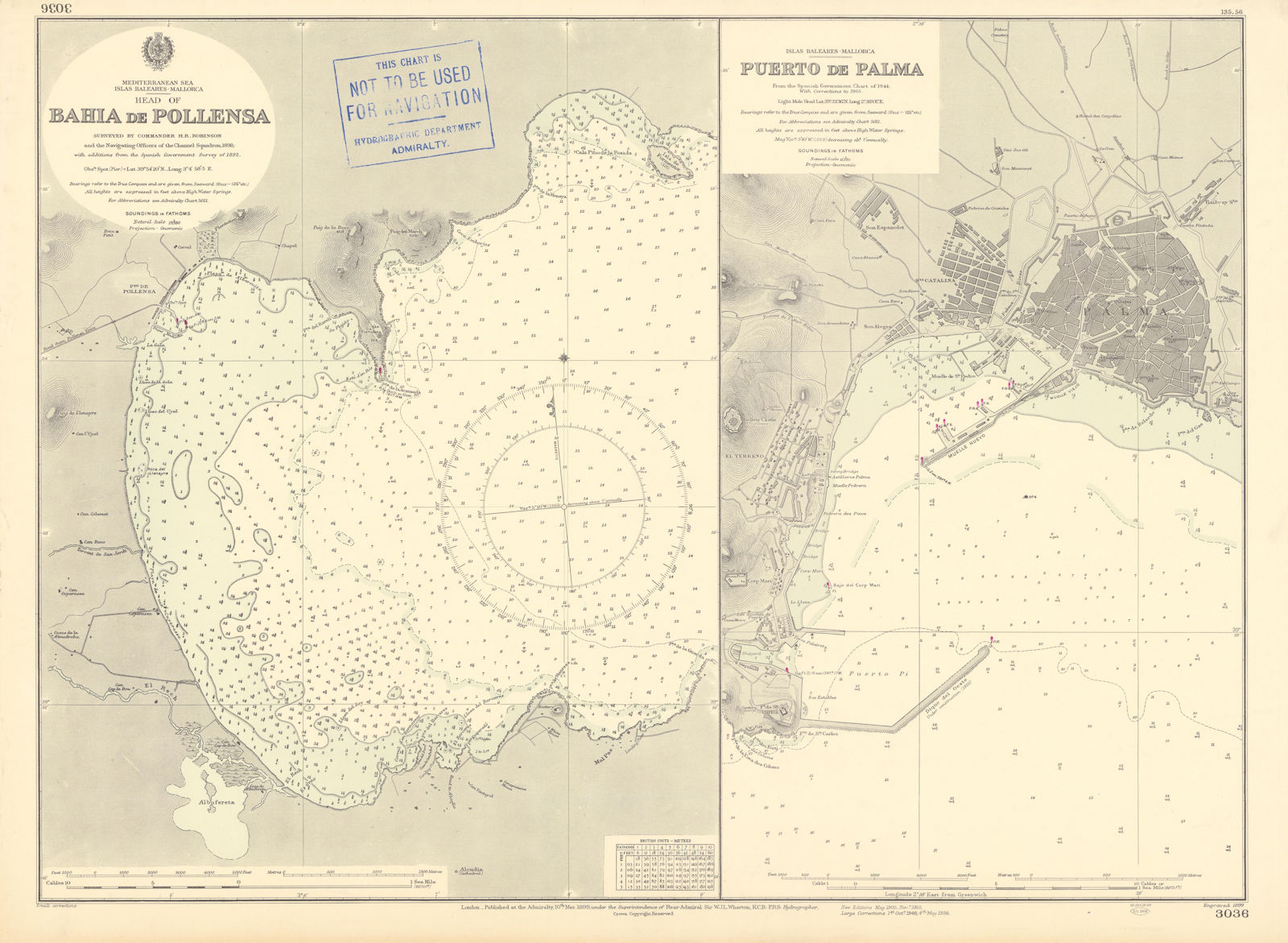 Mallorca Majorca ports Badia Pollença Palma ADMIRALTY sea chart 1899 (1956) map
