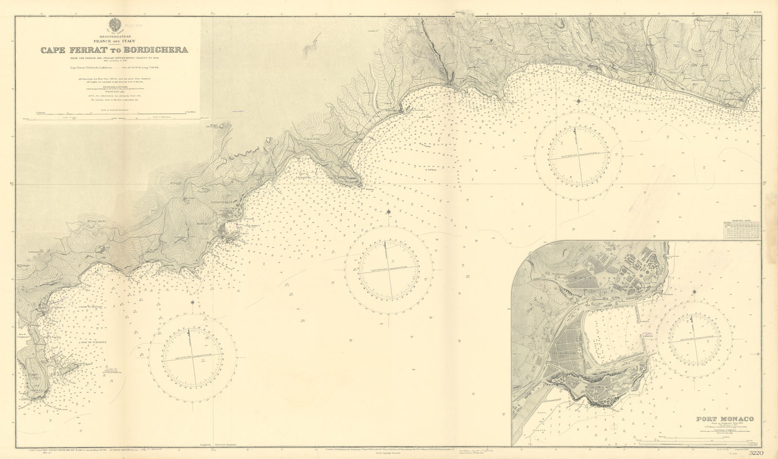 Côte d'Azur Liguria Cap Ferrat-Bordighera Monaco ADMIRALTY chart 1902 (1954) map