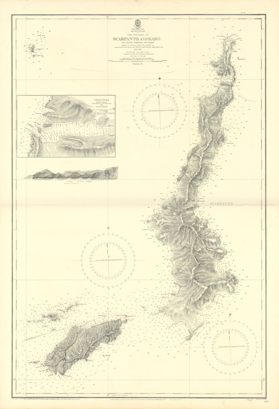 Karpathos Kasos. Tristoma Dodecanese Greece. ADMIRALTY sea chart 1861 (1952) map