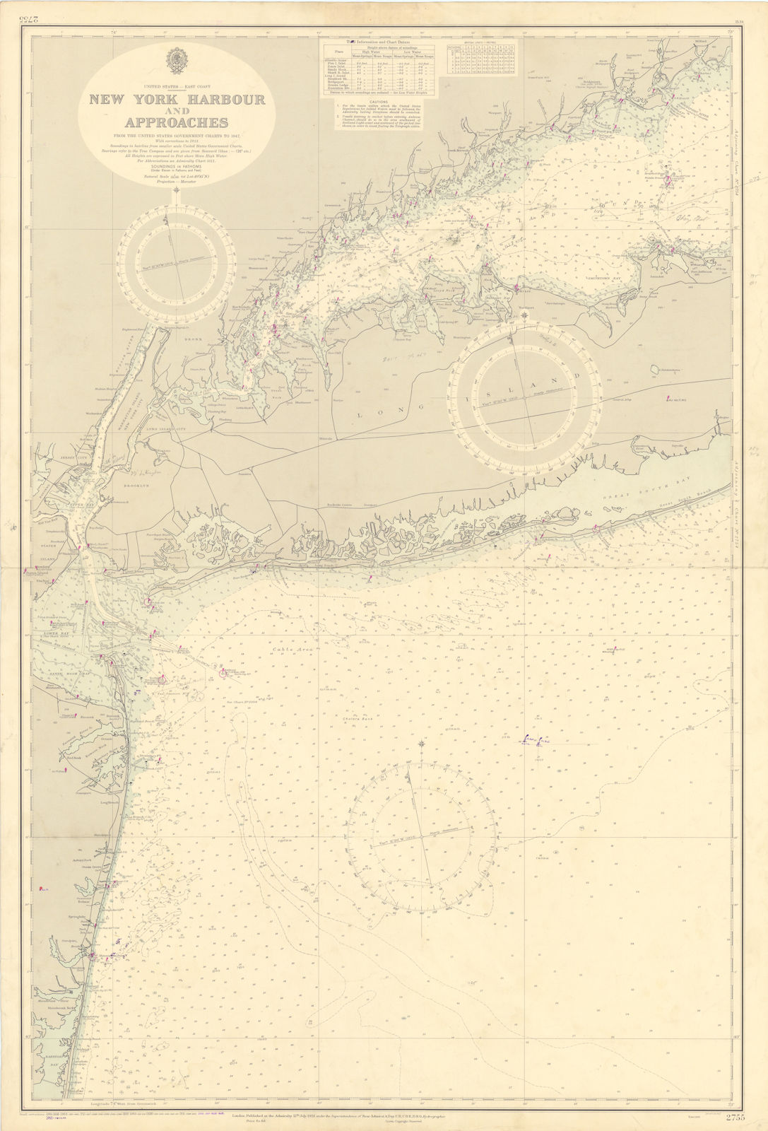 New York Harbor. Long Island. Jersey Shore. ADMIRALTY chart 1951 (1955) map