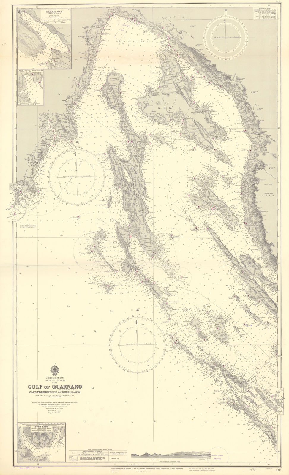 Quarnaro/Kvarner Gulf Croatia Dalmatia Krk Cres ADMIRALTY chart 1877 (1955) map