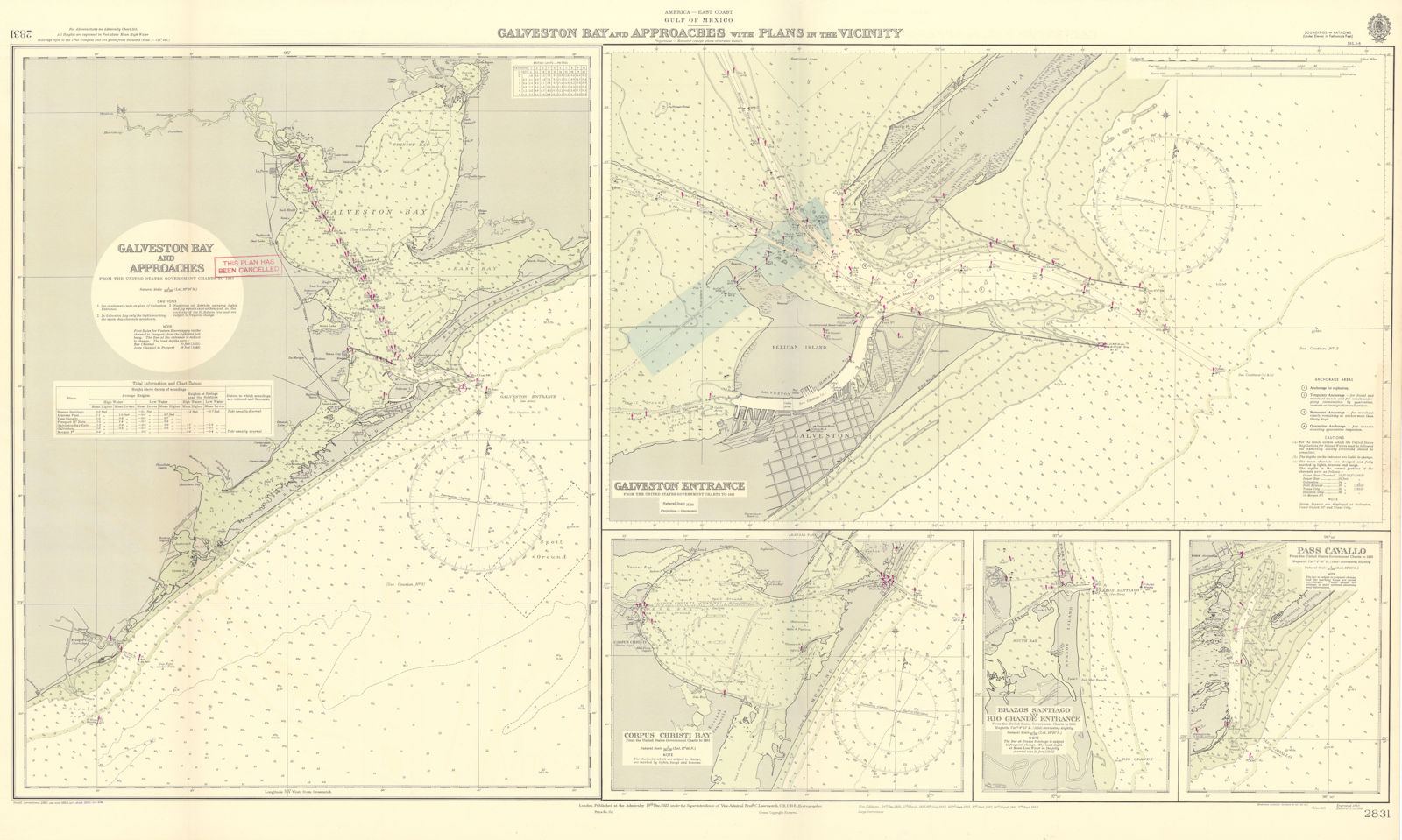 Galveston Bay approach Corpus Christi Texas ADMIRALTY sea chart 1923 (1955) map