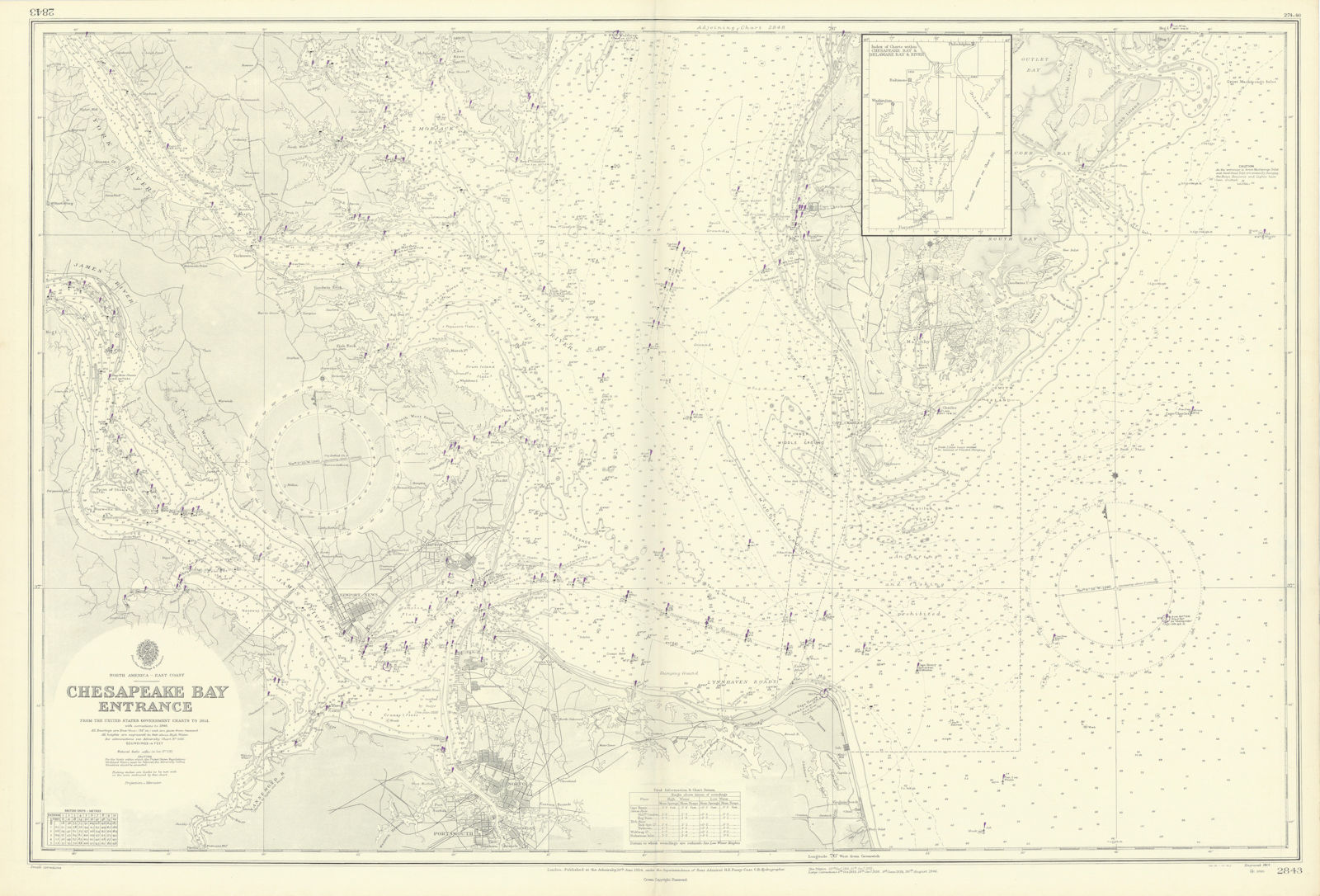 Chesapeake Bay entrance. Virginia Norfolk. ADMIRALTY sea chart 1914 (1946) map