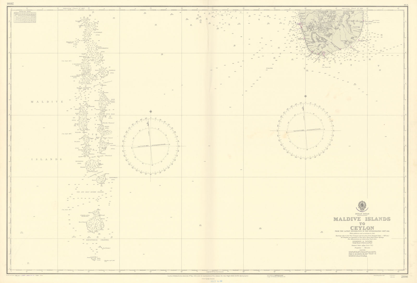 Maldives-Ceylon Indian Ocean Sri Lanka ADMIRALTY sea chart 1944 (1956) old map