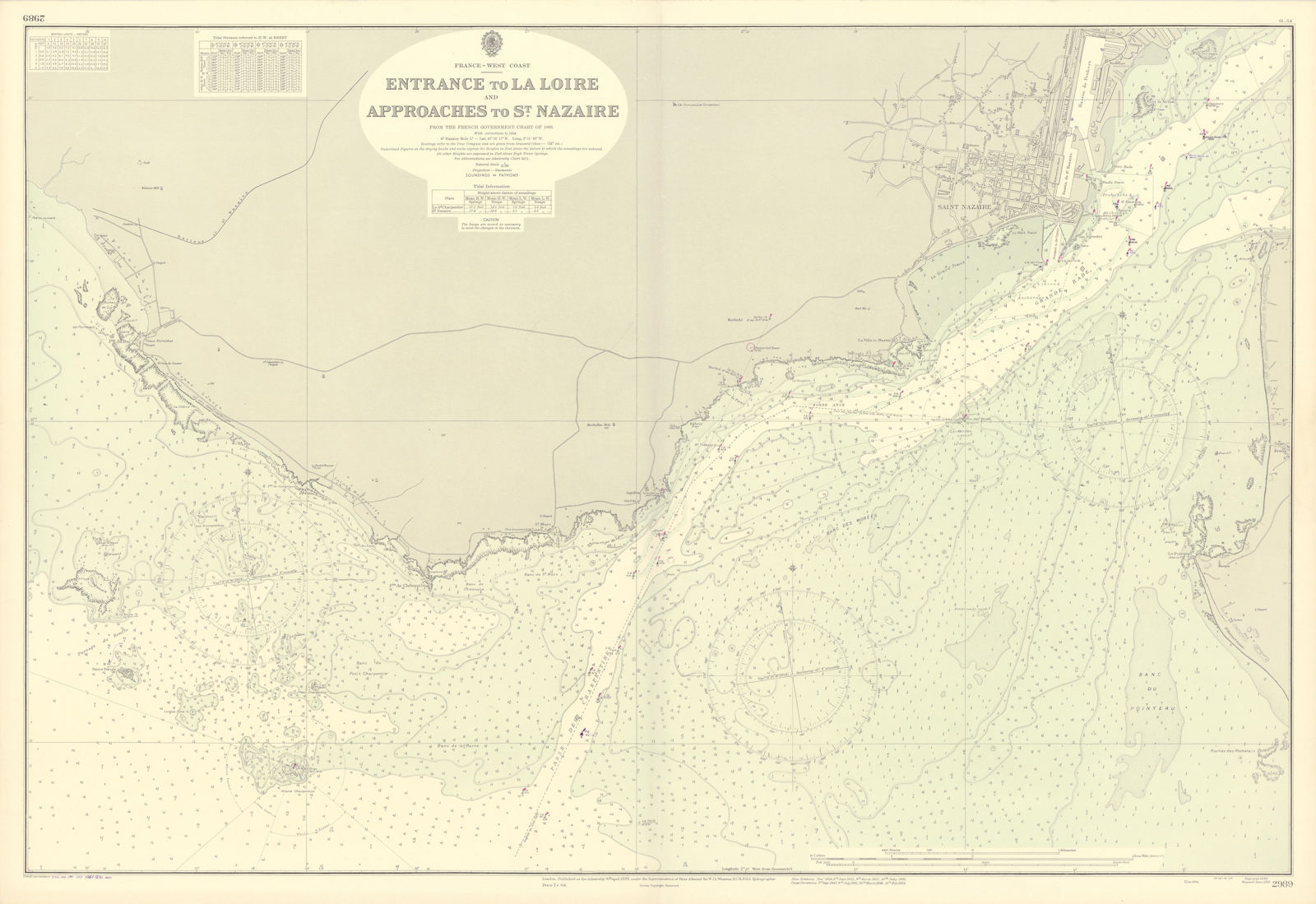 Loire estuary St Nazaire approaches La Baule ADMIRALTY sea chart 1898 (1954) map