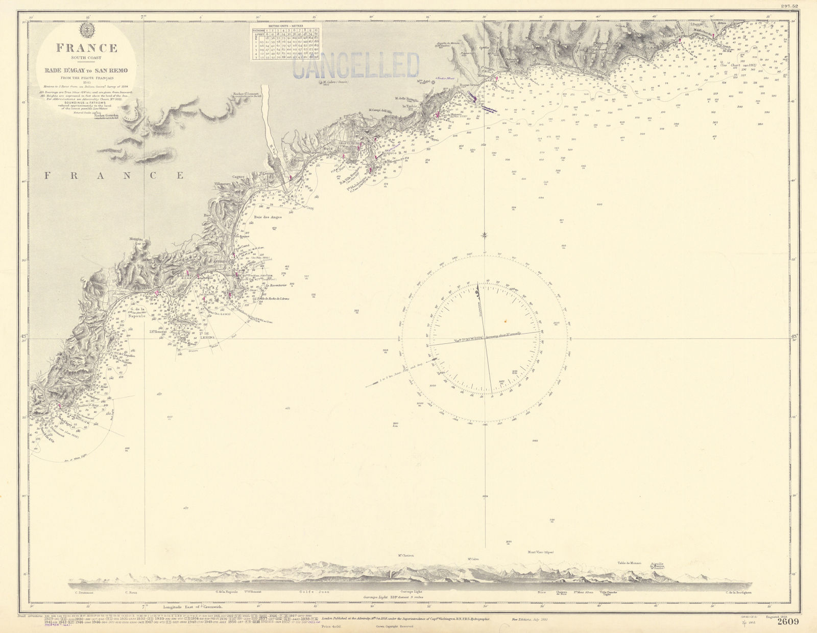 Côte d'Azur coast Alpes-Maritimes Liguria ADMIRALTY chart 1858 (1954) old map