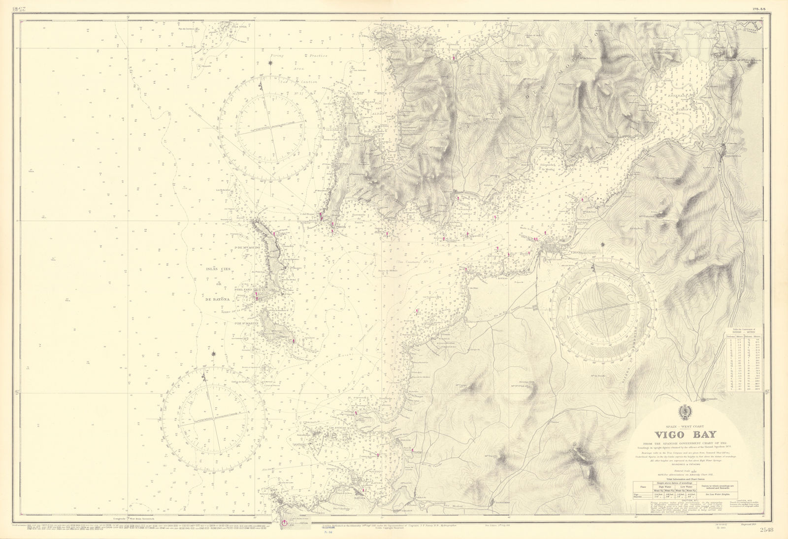 Vigo Bay, Galicia, Spain. ADMIRALTY sea chart 1915 (1953) old vintage map