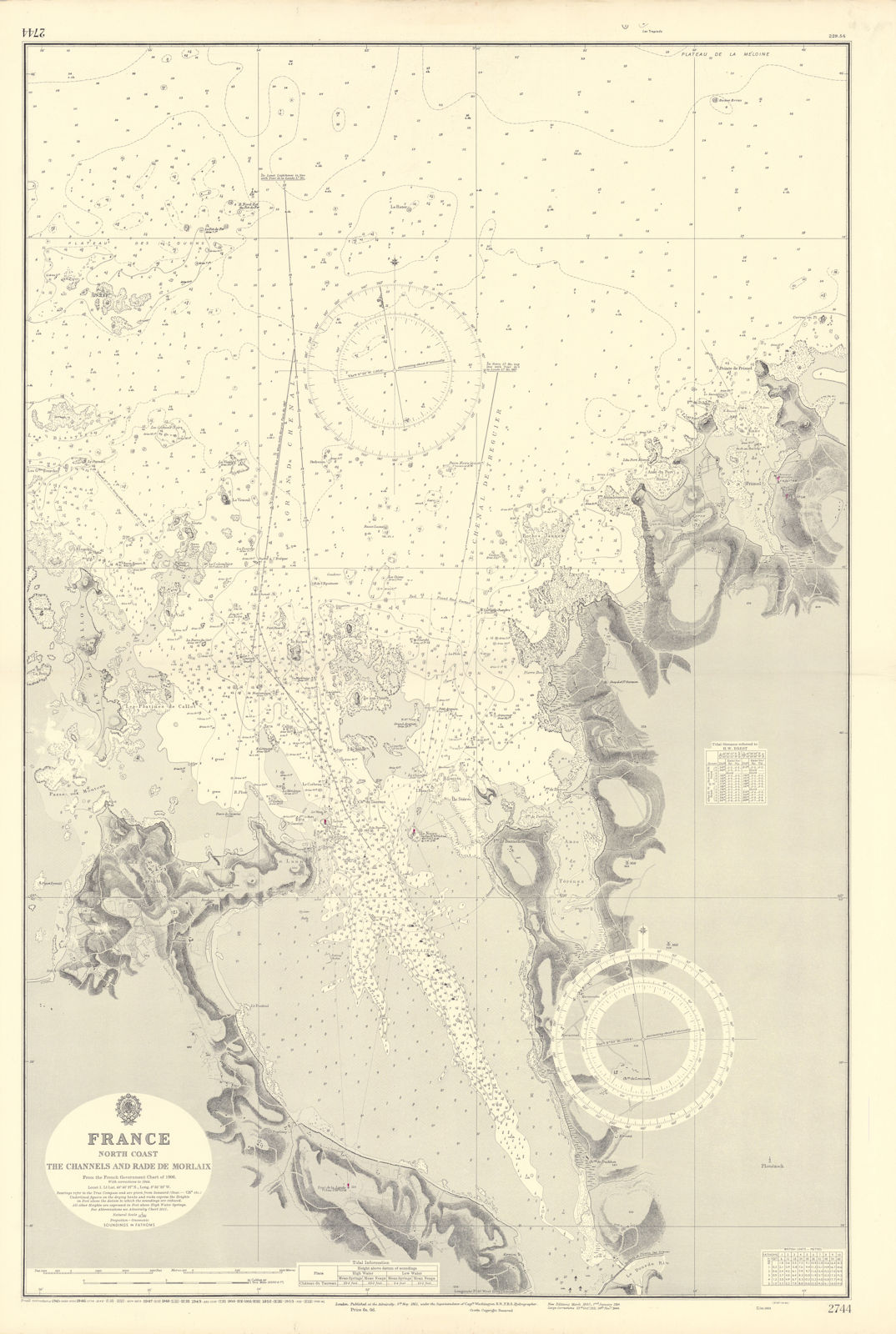 Channels & Rade de Morlaix. Finistère France ADMIRALTY sea chart 1861 (1953) map