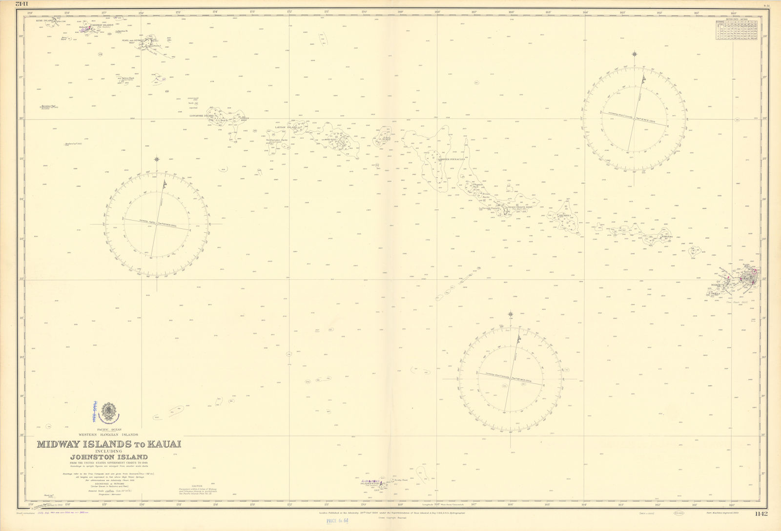 Hawaiian–Emperor seamount chain Midway-Kauai ADMIRALTY chart 1950 (1955) map