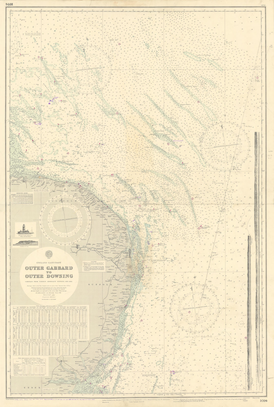 East Anglia coast. Norfolk Suffolk Essex. ADMIRALTY sea chart 1912 (1955) map