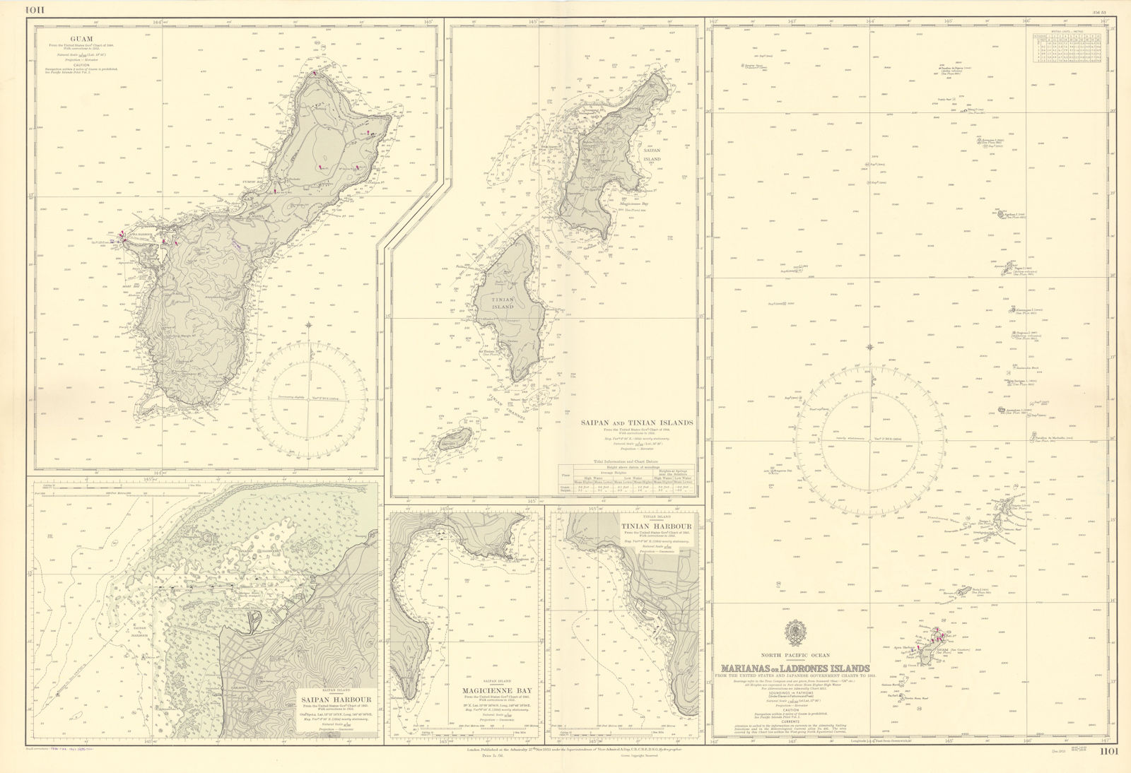Mariana Islands. Guam Saipan Tinian. ADMIRALTY sea chart 1953 (1955) old map