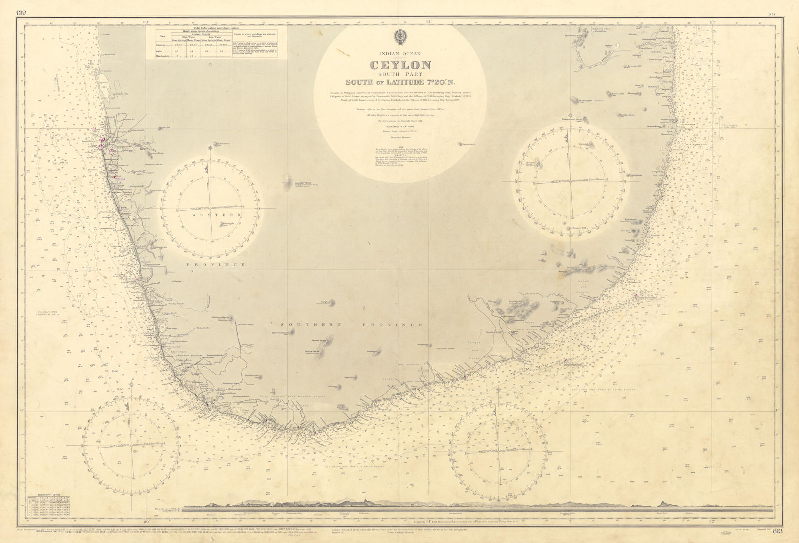 Ceylon South of Latitude 7°20'N. Sri Lanka. ADMIRALTY sea chart 1911 (1954) map
