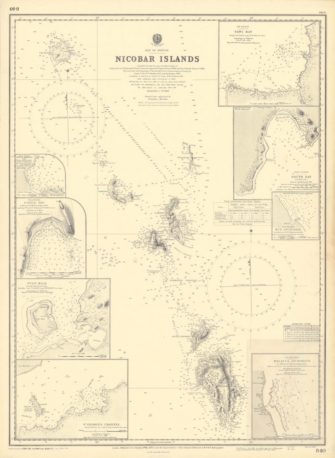 Nicobar Islands harbours India Bay of Bengal ADMIRALTY sea chart 1872 (1954) map