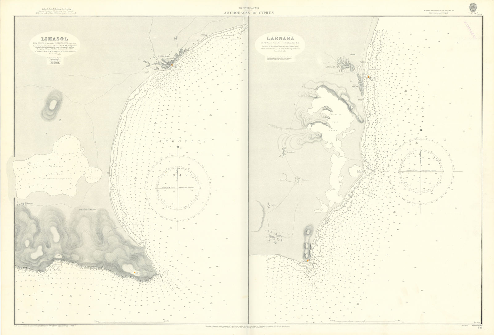 Cyprus anchorages Limassol Larnaca Akrotiri ADMIRALTY sea chart 1891 (1929) map