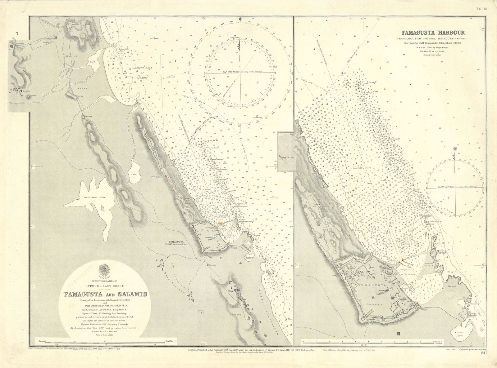 Famagusta harbour Salamis Cyprus Gazimagusa ADMIRALTY sea chart 1879 (1928) map