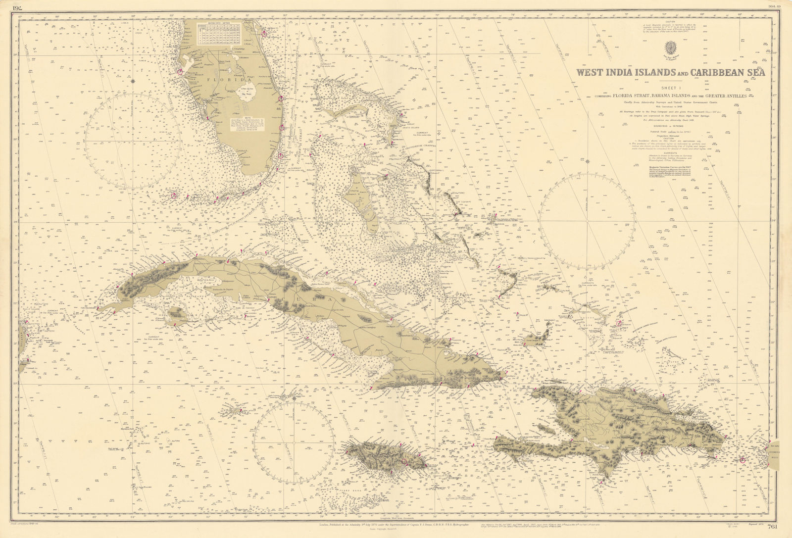 West Indies Caribbean Florida Bahamas Cuba ADMIRALTY chart 1876 (1949) old map