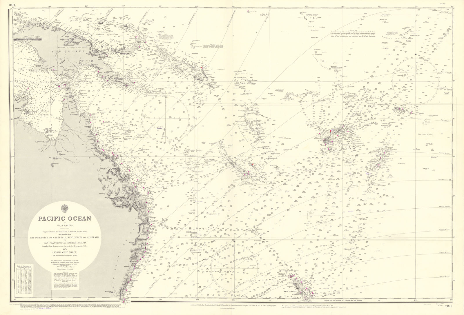 South west Pacific Ocean Melanesia Polynesia ADMIRALTY sea chart 1875 (1968) map