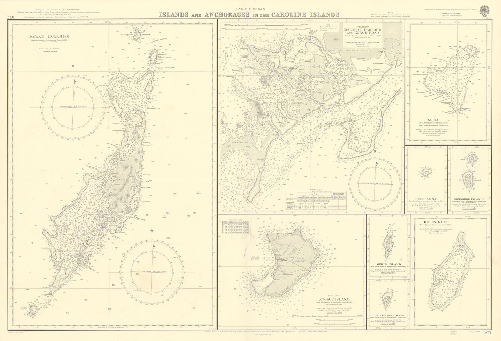 Caroline Islands Palau Malakal Ngulu Angaur. ADMIRALTY sea chart 1928 (1956) map