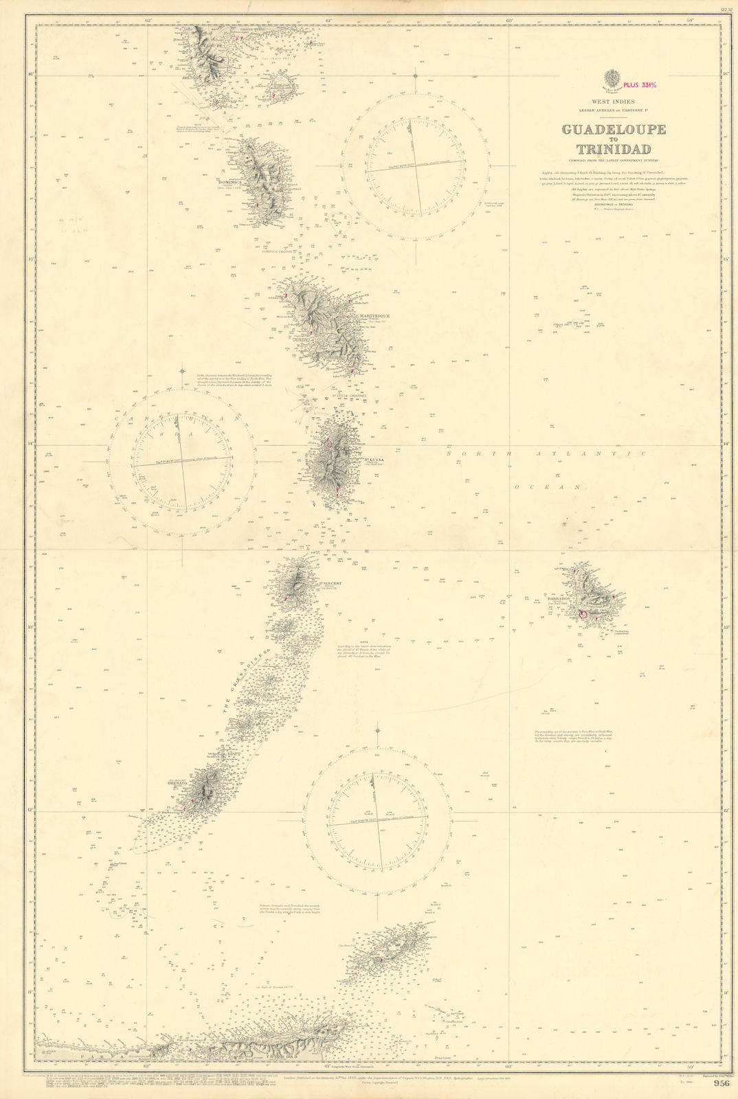 Windward Islands Barbados St Lucia Vincent ADMIRALTY chart 1886 (1952) old map