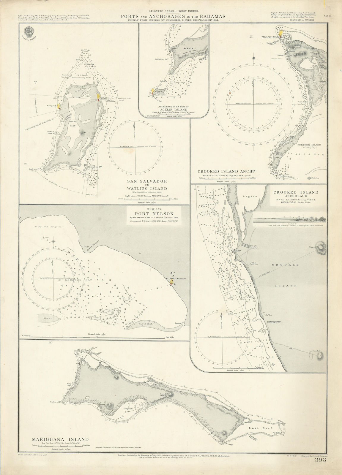 Bahamas. San Salvador Crooked Rum Cay Mariguana ADMIRALTY chart 1892 (1919) map