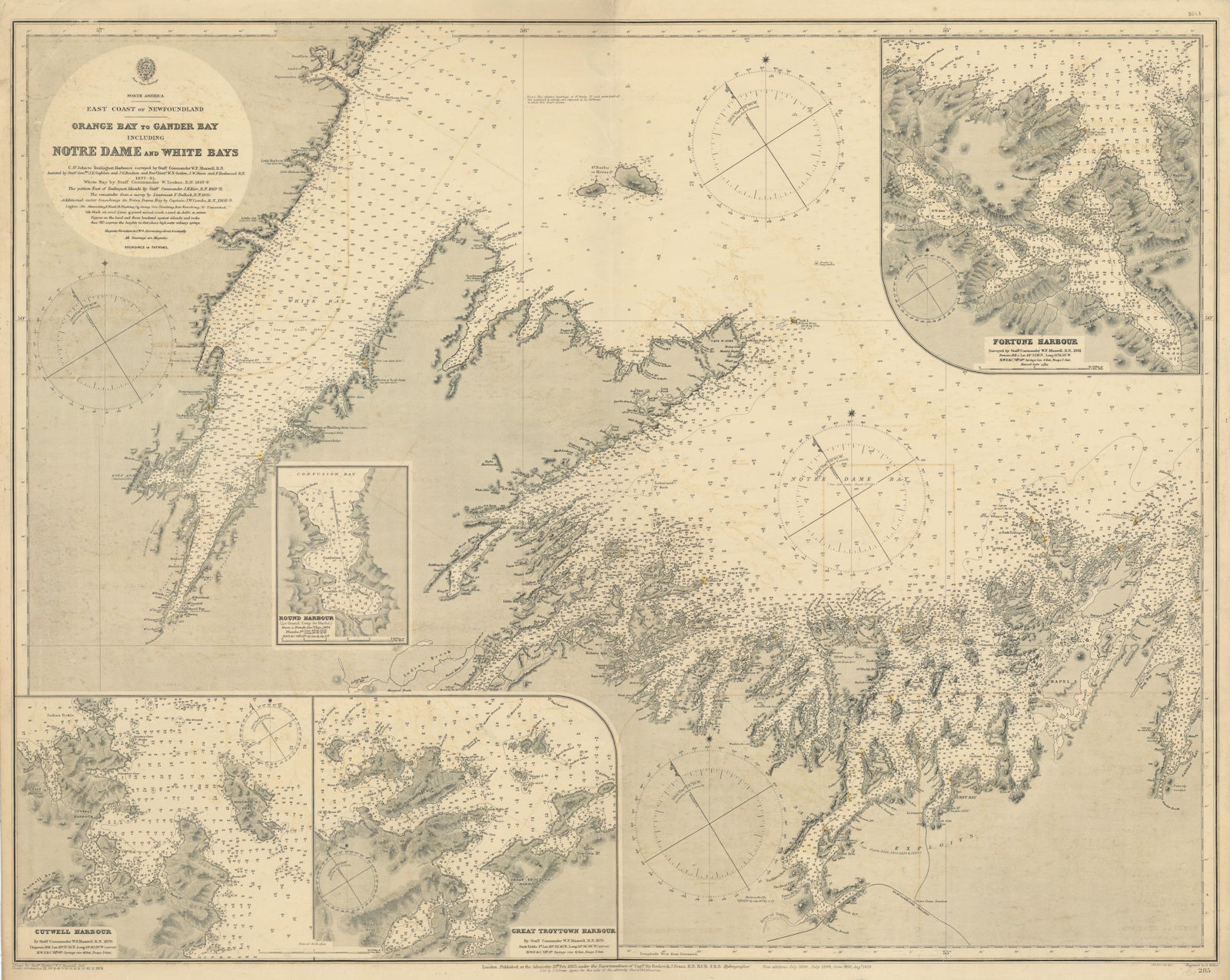 Newfoundland coast. Orange Bay-Gander Bay. ADMIRALTY sea chart 1883 (1911) map