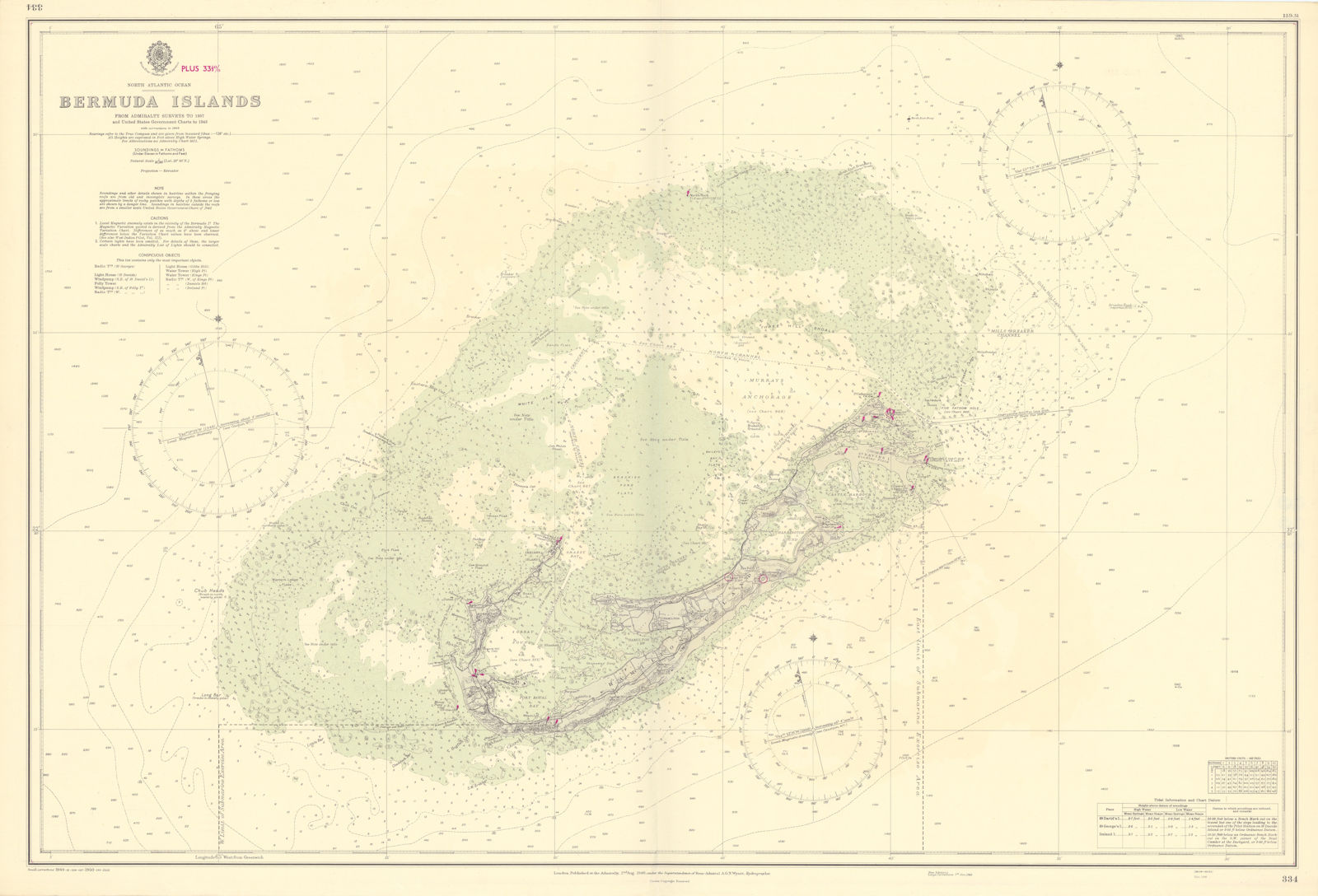 Bermuda Islands, North Atlantic Ocean. ADMIRALTY sea chart 1946 (1950) old map