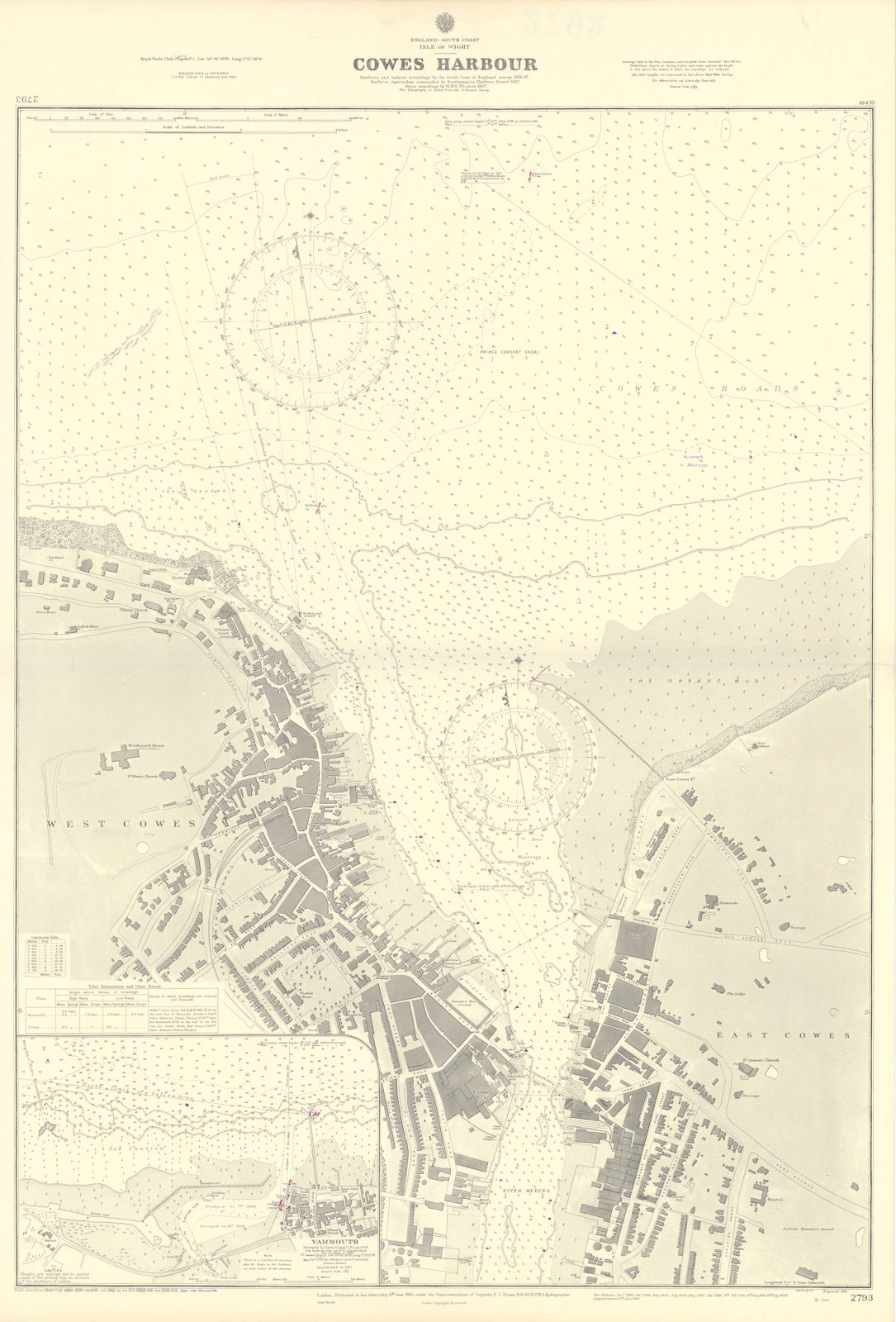 Associate Product Cowes harbour, Isle of Wight. Yarmouth. ADMIRALTY sea chart 1881 (1954) map