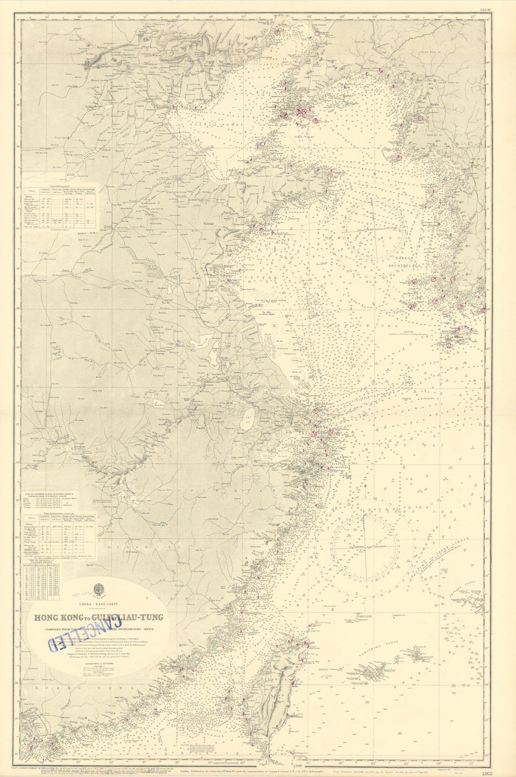 China east coast Hong Kong-Gulf of Liau-Tung ADMIRALTY sea chart 1877 (1955) map