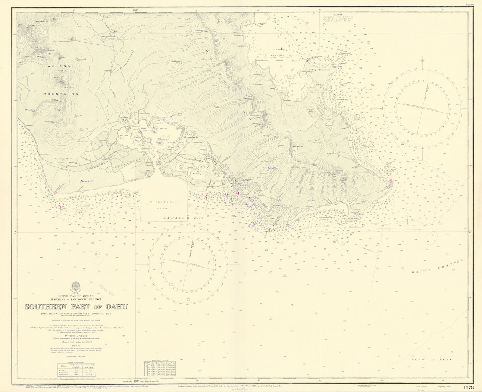 Southern Oahu. Hawaii. Pearl Harbor. ADMIRALTY sea chart 1929 (1954) old map