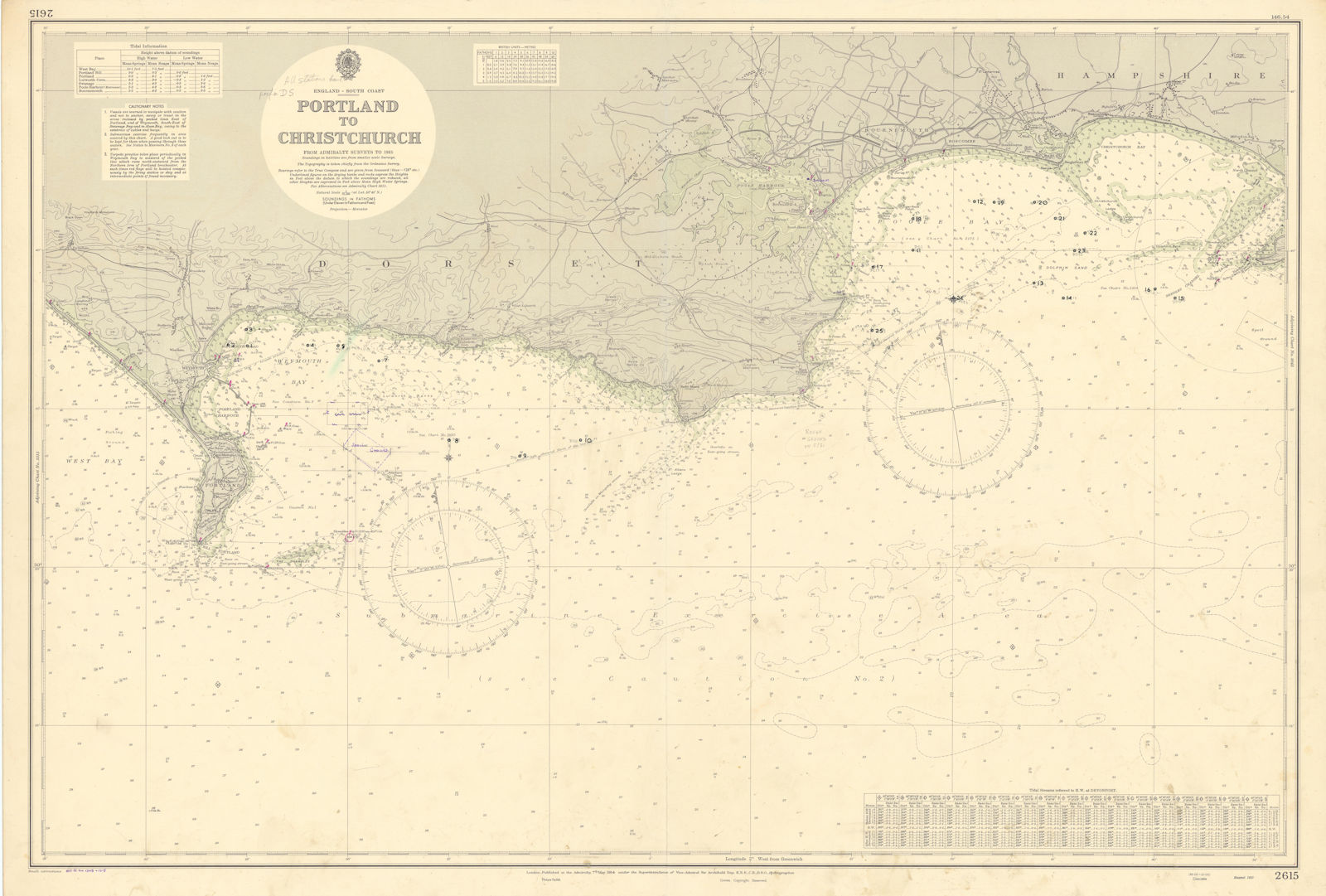 Dorset Hampshire coast Portland-Christchurch ADMIRALTY sea chart 1954 (1955) map