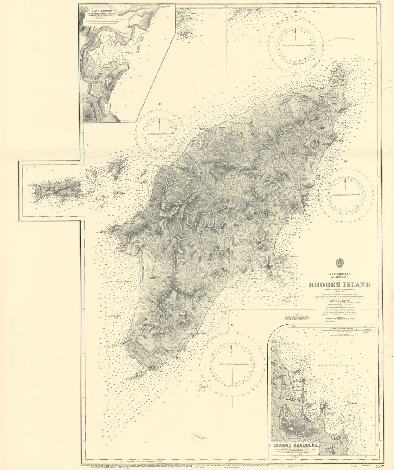 Rhodes Island/harbours. Port Lindos. Greece. ADMIRALTY sea chart 1862 (1955) map