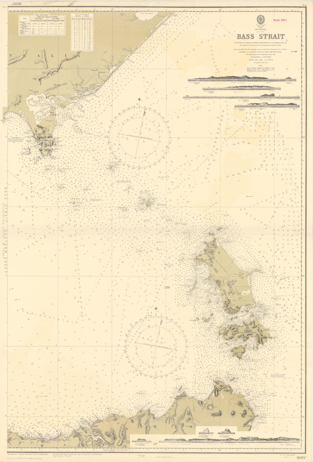 Bass Strait Australia Tasmania Victoria Flinders ADMIRALTY chart 1868 (1954) map