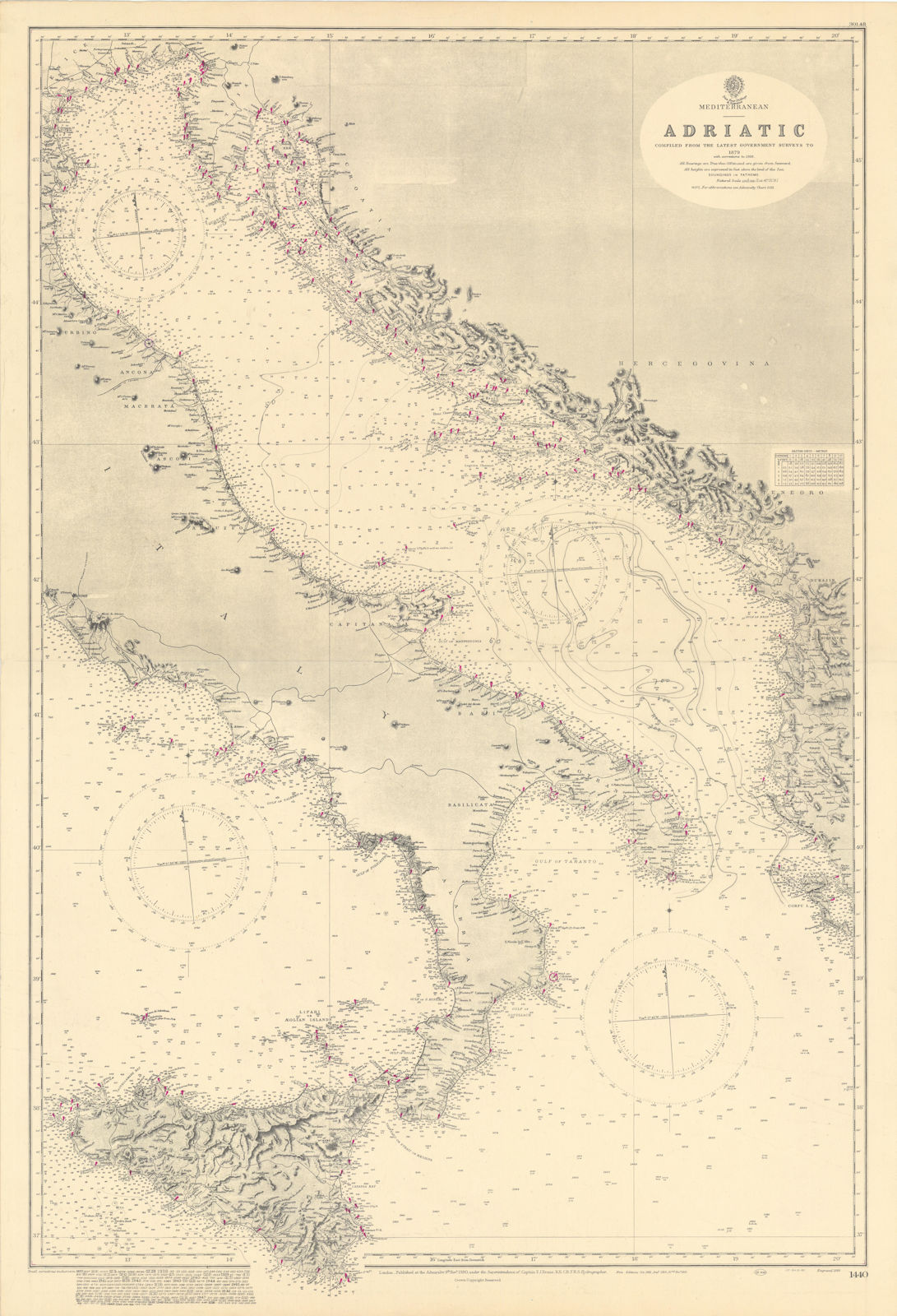Mediterranean Adriatic Italy Croatia. ADMIRALTY sea chart 1880 (1949) old map