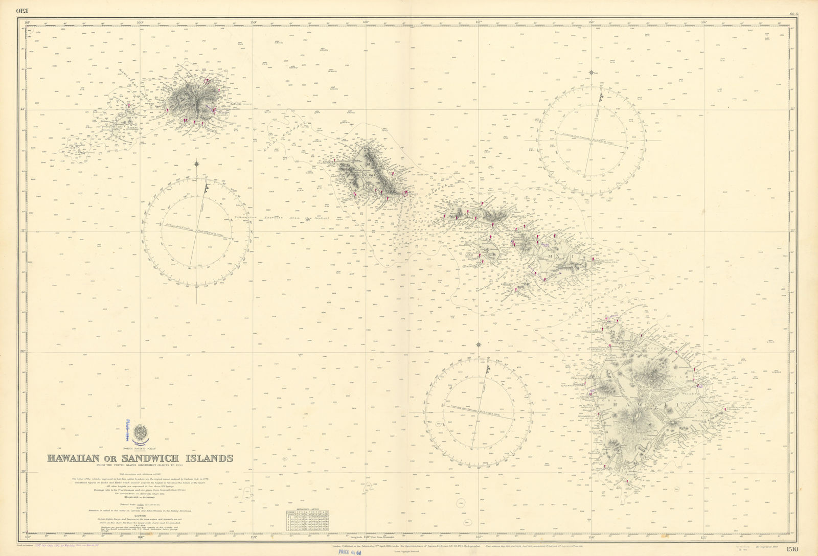 Hawaiian or Sandwich Islands North Pacific Ocean ADMIRALTY chart 1881 (1955) map